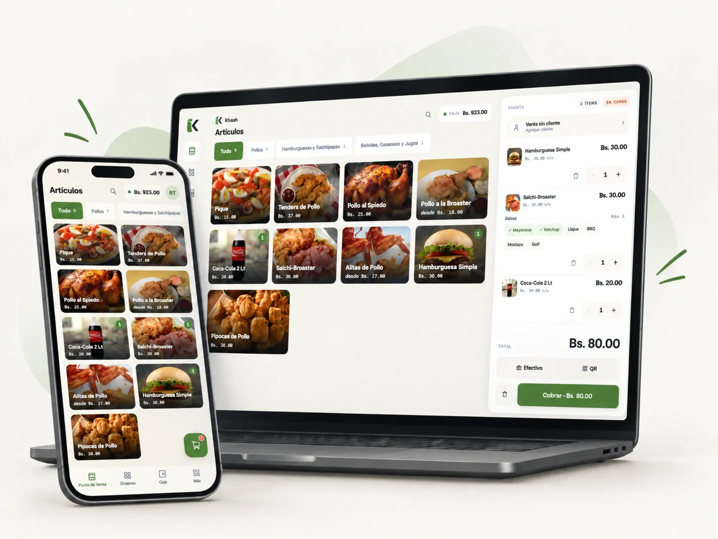 Khash abierto en una laptop y en un celular: el catálogo con la foto de cada producto, y la cuenta con tres ítems, las salsas elegidas y el total en Bs. 80.00.